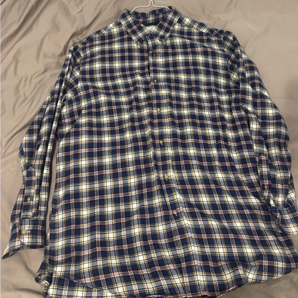Flannel Chaps Navy and White Plaid Button Down Shirt